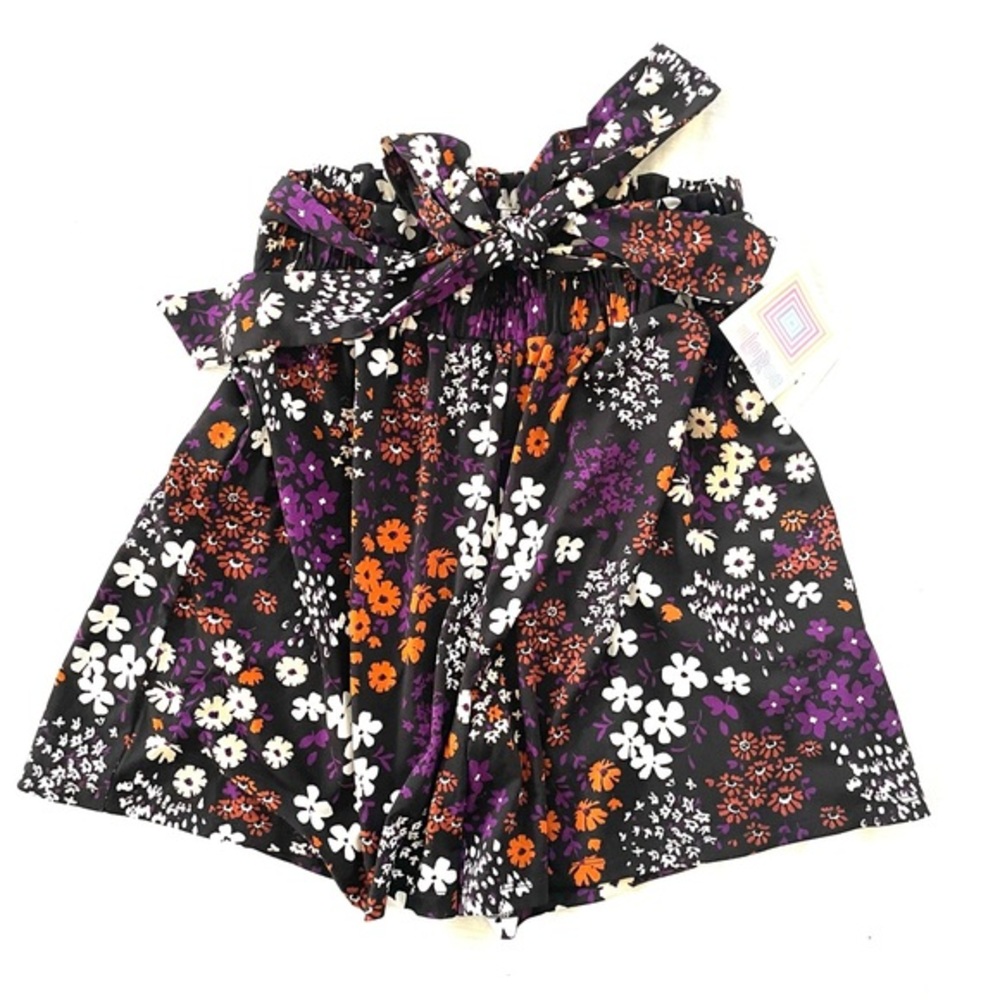 LuLaRoe‎ Paper Bag Shorts Ella - Orange Purple Floral Black Small Bow Belt NWT